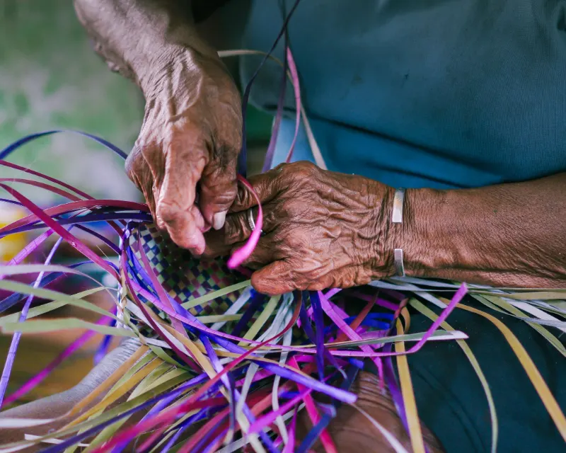 An older woman's hands weaving a basket from flat purun strips dyed purple, pink and green
