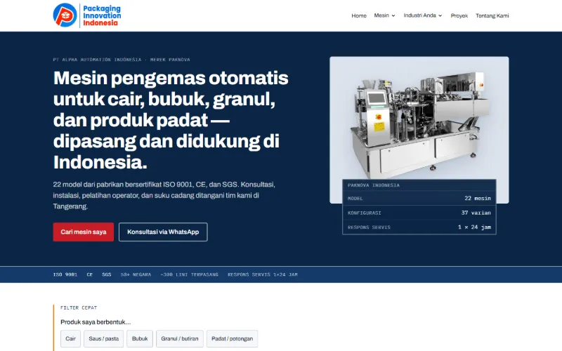 Beranda Paknova di laptop: judul mesin pengemas otomatis, tombol Konsultasi via WhatsApp, dan filter cepat