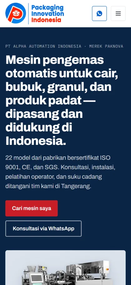 Tampilan HP beranda Paknova dengan tombol pencarian mesin dan Konsultasi via WhatsApp