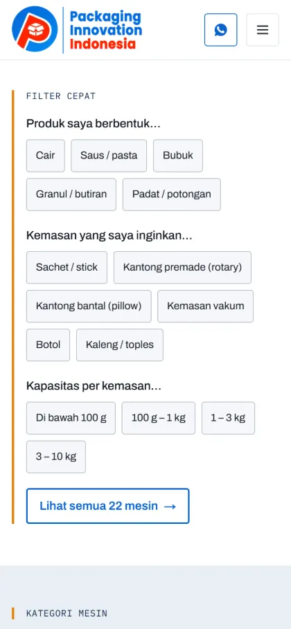 Tampilan HP Paknova: filter cepat untuk memilih bentuk produk, jenis kemasan, dan kapasitas