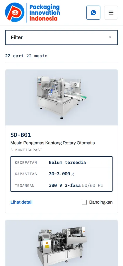 Tampilan HP katalog Paknova: kartu mesin dengan tabel spesifikasi dan kotak Bandingkan