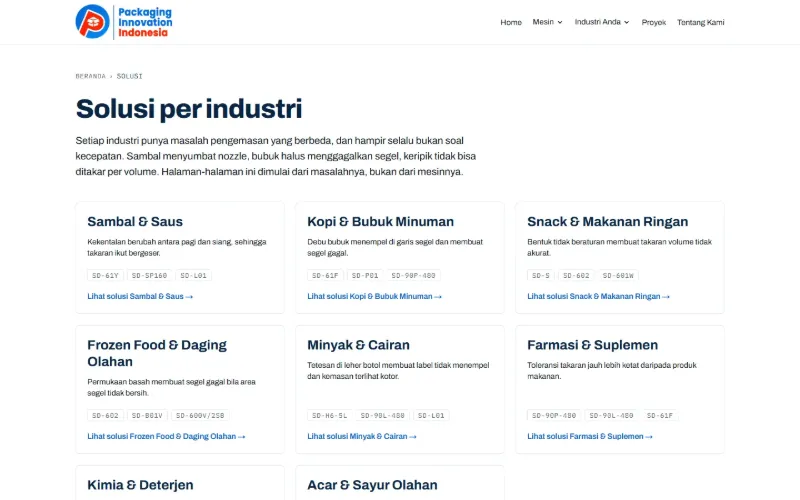 Halaman Solusi per industri Paknova di laptop: kartu per industri dengan kode mesin yang direkomendasikan