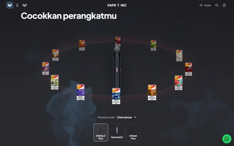 Bagian pencocokan perangkat VAPE INC di laptop: pod yang cocok melingkari perangkat, keterangan 41 pod cocok, dan tombol untuk mengganti perangkat