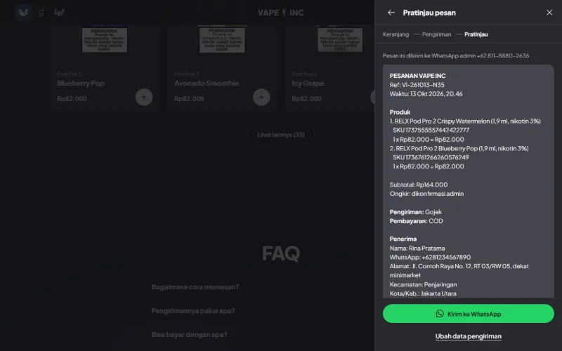 Pratinjau pesan VAPE INC di laptop: panel kanan berisi langkah Keranjang, Pengiriman, dan Pratinjau, ringkasan pesanan, serta tombol Kirim ke WhatsApp