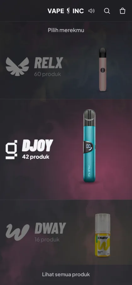 Tampilan HP layar pilih merek VAPE INC: tiga pilihan merek, yaitu RELX, DJOY, dan DWAY, beserta jumlah produknya